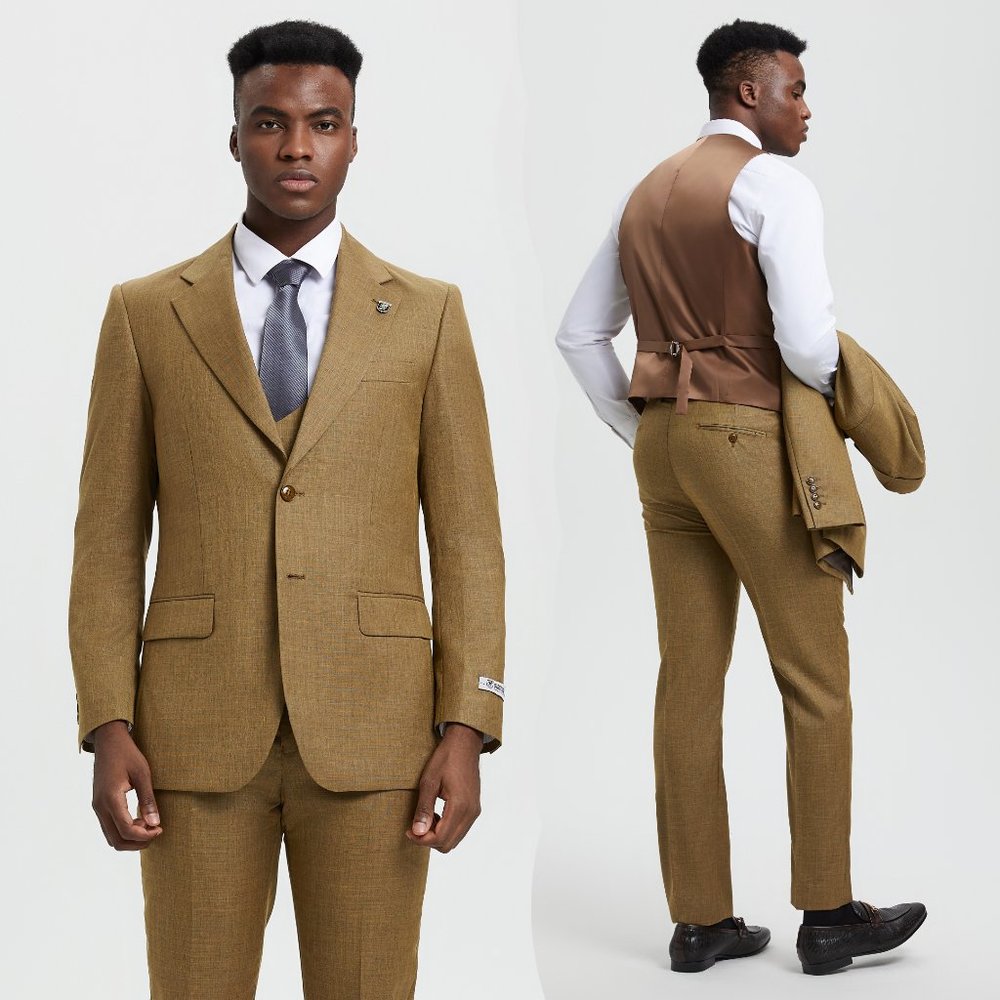 Stacy Adams Sharkskin 3pc Suit w/ Expandable Waistband, Tanned Mustard